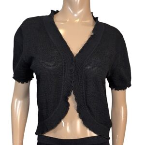 Vintage Y2K La Madona Knit Bolero Black Short Sleeve Lettuce Edge Shrug Large